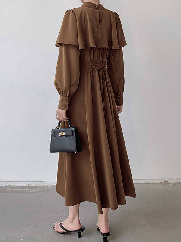 Ruffle Waist Long Mock Tied A-Line Elegant Trim Neck Coffee