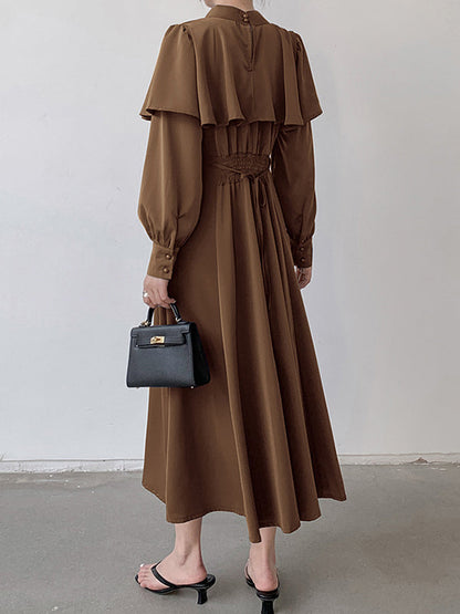 Ruffle Waist Long Mock Tied A-Line Elegant Trim Neck Coffee
