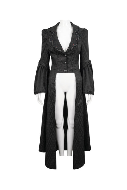 Women's Gothic Long Coat with Bead Chain Trim and Lace Cuffs in Black Jacquard