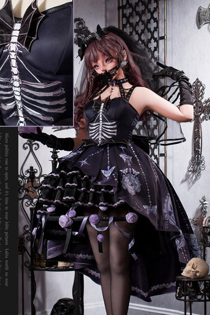 Elegant Gothic JSK Dress with Halterneck and Multi-Layered Ruffle Print in Black