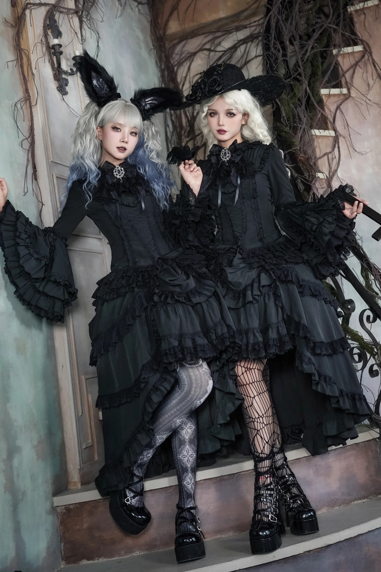 Ebony Flared Sleeve Tiered Lace-Up Bow Gothic JSK Ensemble - Immortal Phoenix