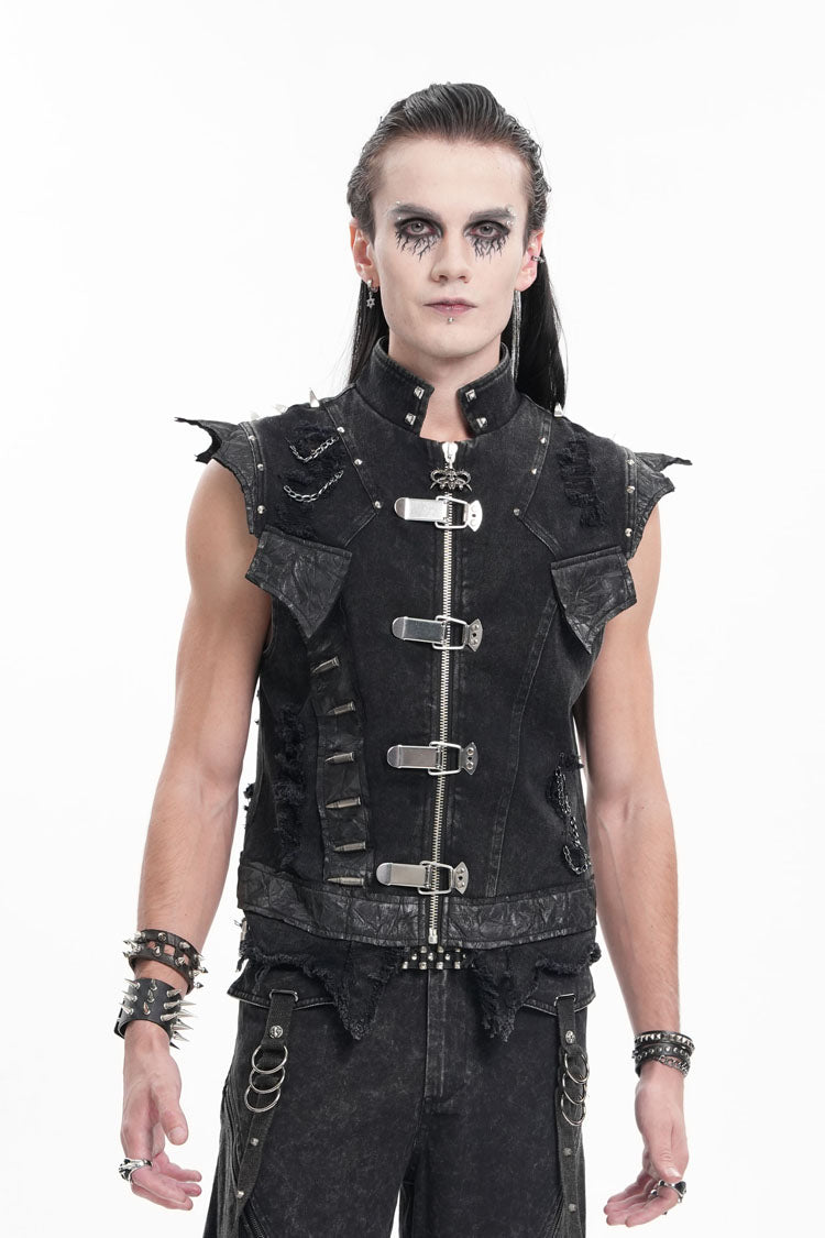 Men's Black Gothic Vest, Sleeveless with Rivets and Chain Rings