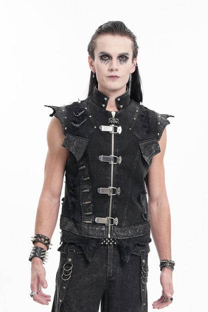 Men's Black Gothic Vest, Sleeveless with Rivets and Chain Rings