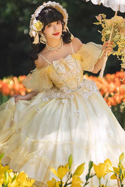 Golden Off-Shoulder Sleeve Ruffled Bridal Bow Lace Plus Size Lolita Gown