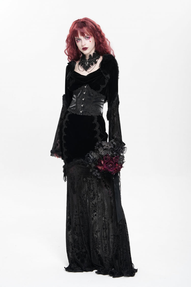 Ebony Flared-Sleeve Embroidered Lace Hooded Sheer Gothic Dress