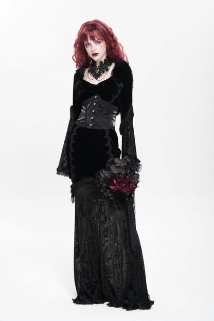 Ebony Flared-Sleeve Embroidered Lace Hooded Sheer Gothic Dress