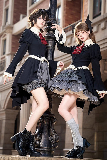 Gothic Princess Lolita Top and Skirt Set with Multi-Layered Ruffle in Black
