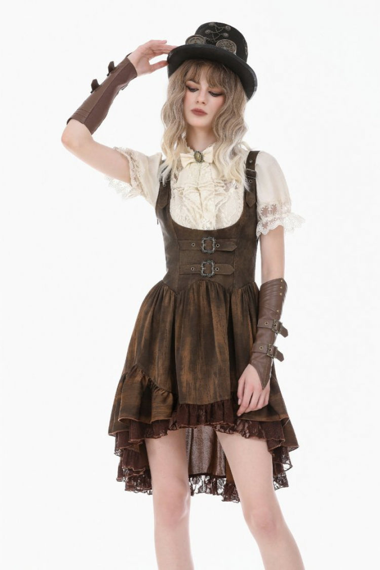 Gothic Women's Blouse with Puff Sleeves, Sheer Lace-Up & Detachable Bow