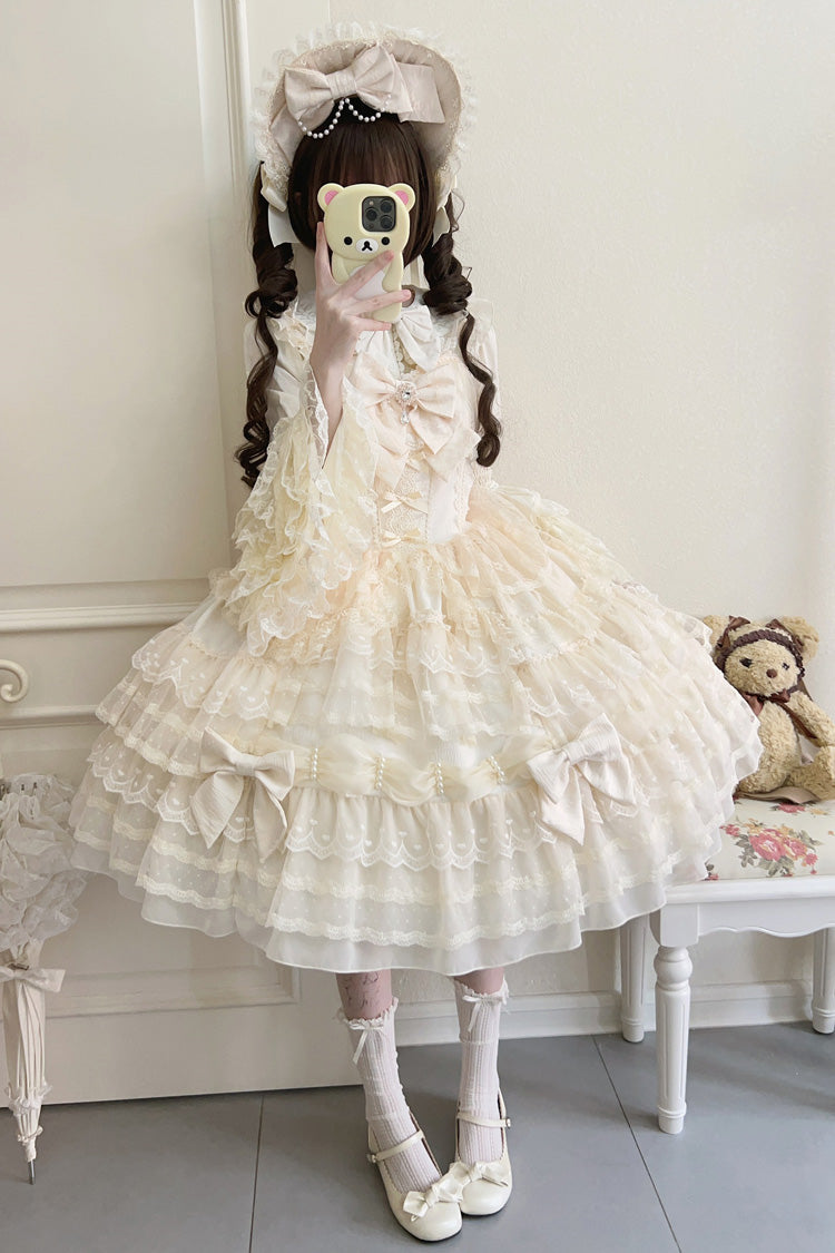 Sweet Princess Lolita Gown with Layered Bows & Lace Accents in Cream