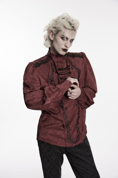 Crimson High-Neck Gothic Palace Shirt with Jacquard and Detachable Tie