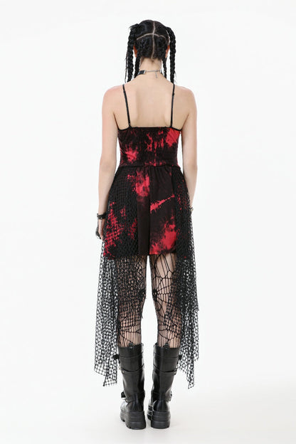 Crimson Punk Slip Dress with Asymmetric Tie-Dye and Mesh Hem