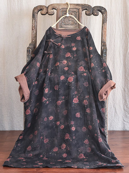 Robe ample en lin vintage à fleurs grande taille pour femme AI1082