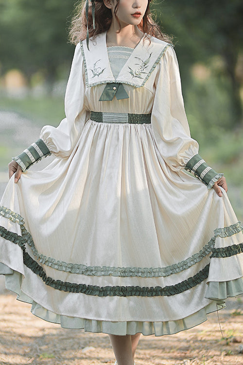 Long Sweet Lolita OP Dress with Embroidered Large Lapel Collar & High Waist, Cream