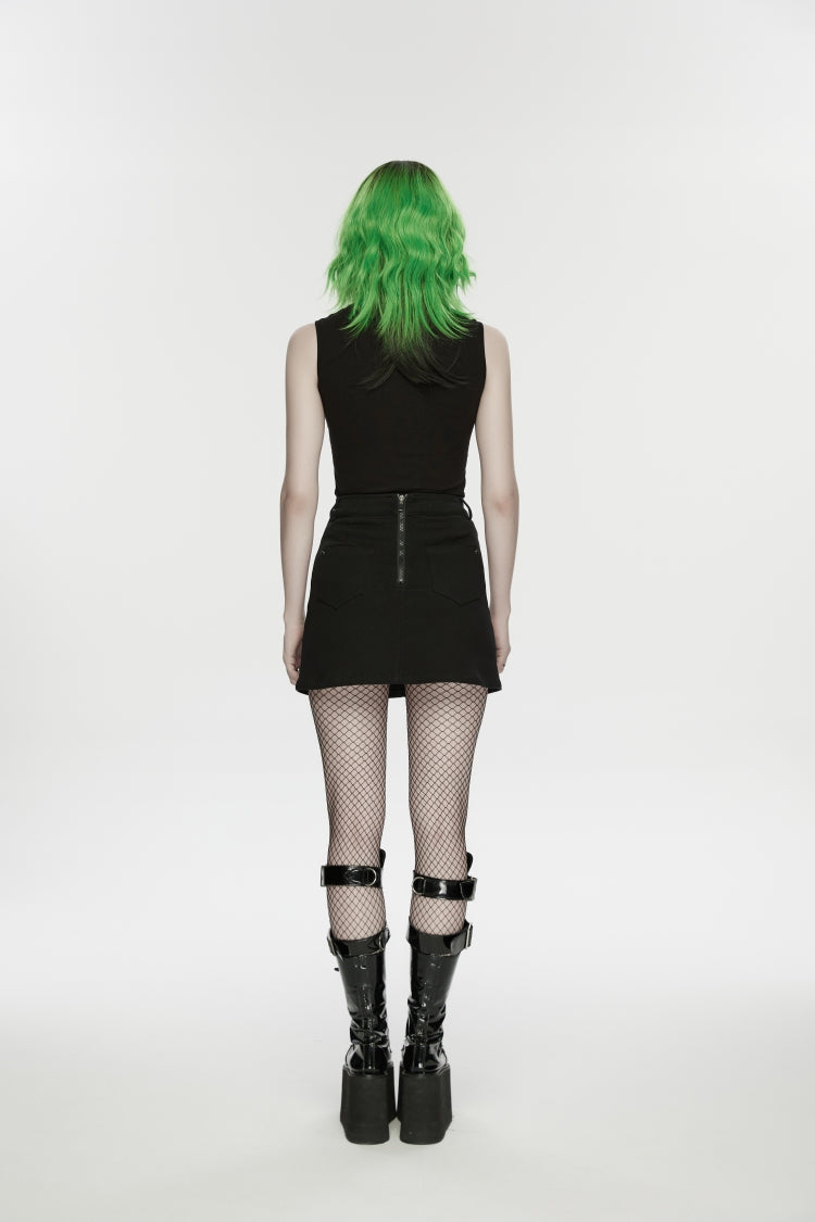 Zippered Skull Embroidered Big Pocket Punk Skirt for Women
