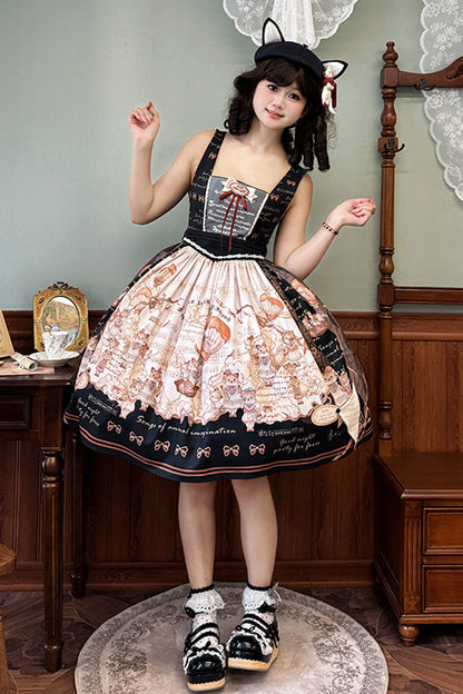 Ebony Printed Square-Collar Bow Classic Jumper Dress - Fox Band