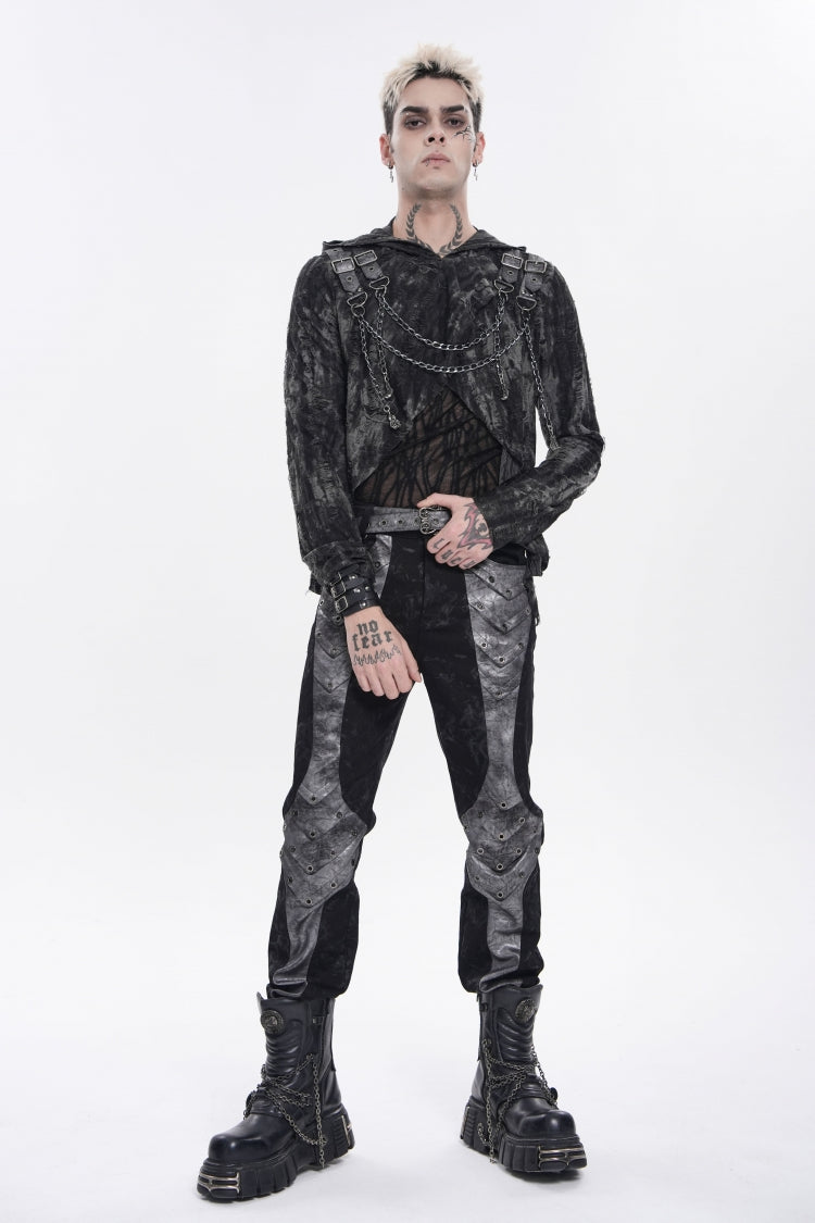Ebony Long-Sleeve Hooded Sheer Ripped Faux Two-Piece Zip Eyelet Punk Tee