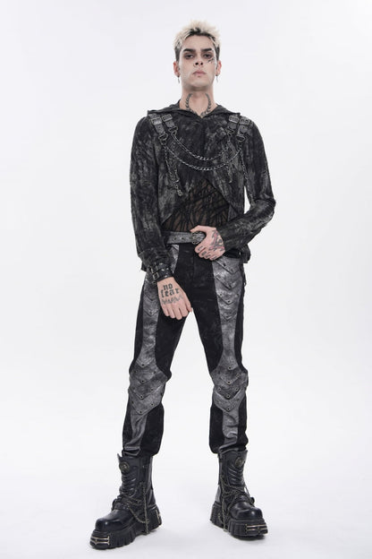 Ebony Long-Sleeve Hooded Sheer Ripped Faux Two-Piece Zip Eyelet Punk Tee