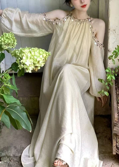 Apricot Bohemian Lantern Silk Cold Sleeve Shoulder Sequins Long