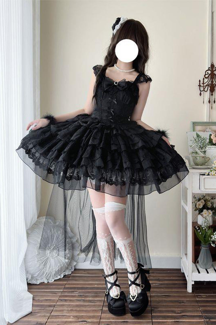 Ebony Sleeveless Tiered Bow Lace-Up Ballet JSK - From Broken Wings to Rebirth