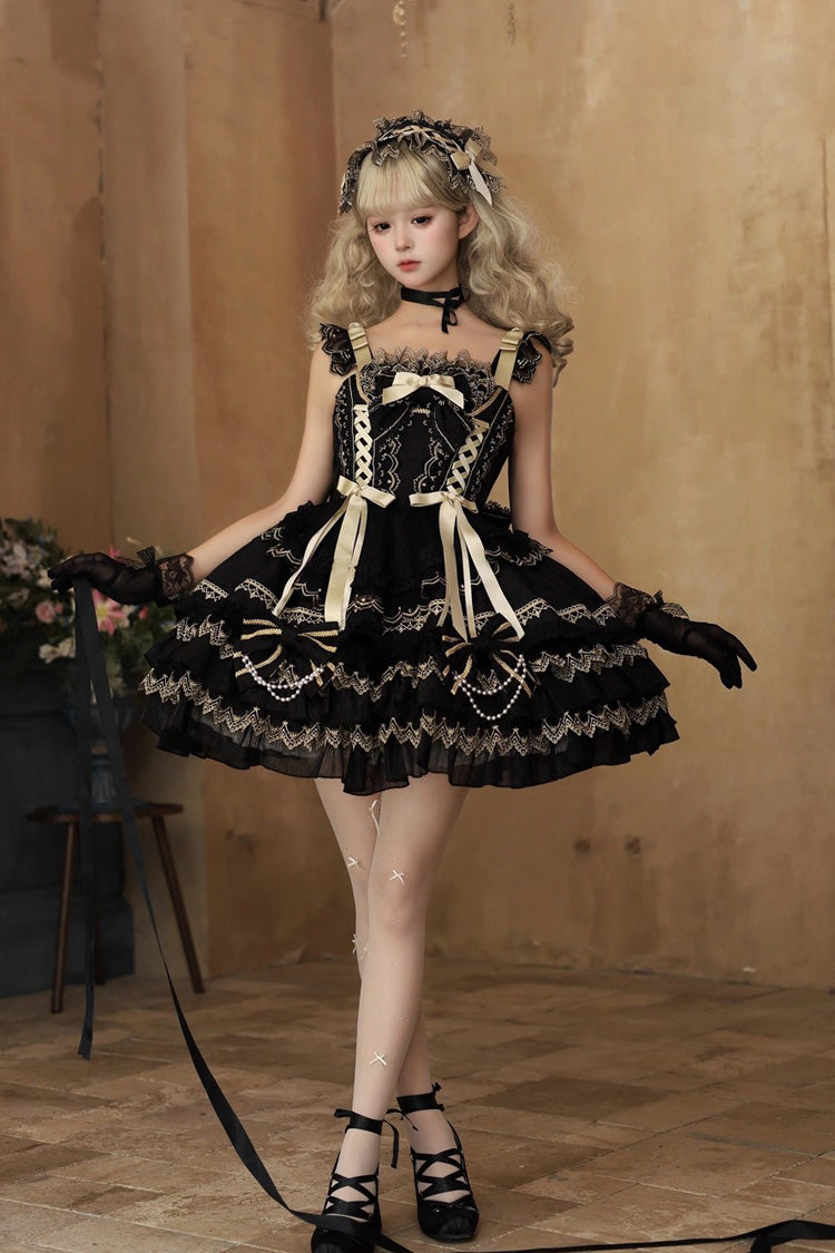 Ebony Sleeveless Tiered Foil-Stamped Bow Lace Sweet JSK - Gilded Memories
