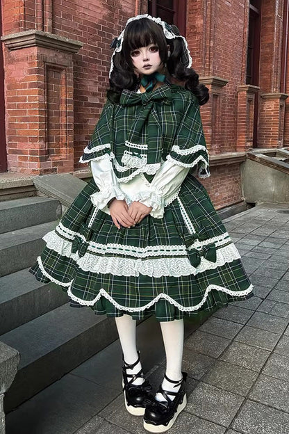Emerald Gingham Petal Bunny Short-Sleeve Ruffled Bow OP Dress