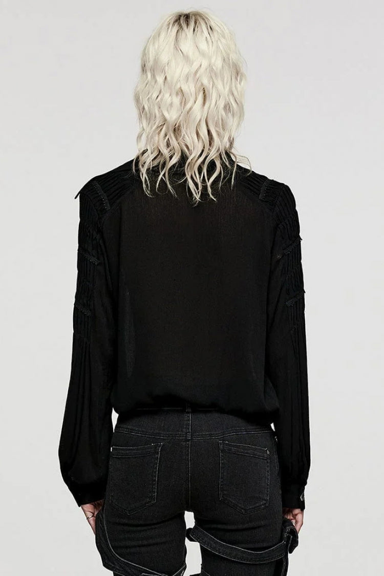 Women's Turn-Down Collar Long Sleeve Lace Ruched Gothic Blouse Two Tones
