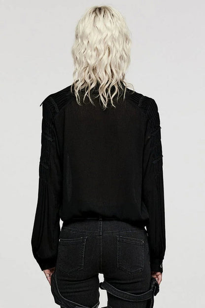 Women's Turn-Down Collar Long Sleeve Lace Ruched Gothic Blouse Two Tones