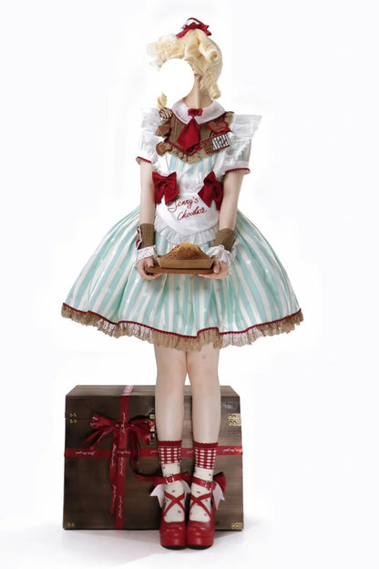 Emerald Jenny's Chocolate Striped Ruffle Bow Short-Sleeve Dress