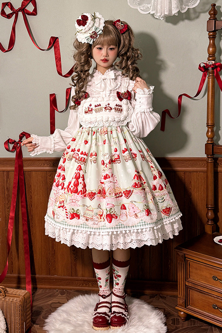 High Waisted Ruffle Bowknot Sweet Lolita JSK Dress with Strawberry Dessert Print - 4 Colors