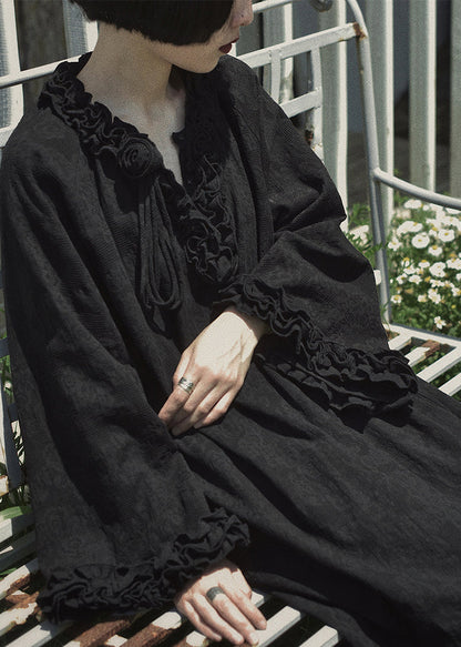 Design Black Ruffled Dress Original Cotton Patchwork Spring