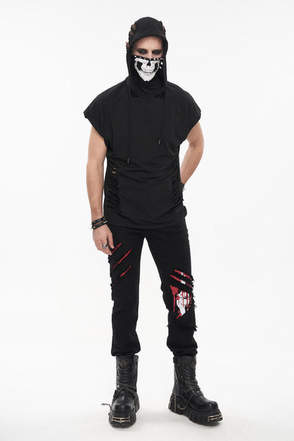 Hooded Punk Tee with Skull Print and Mask