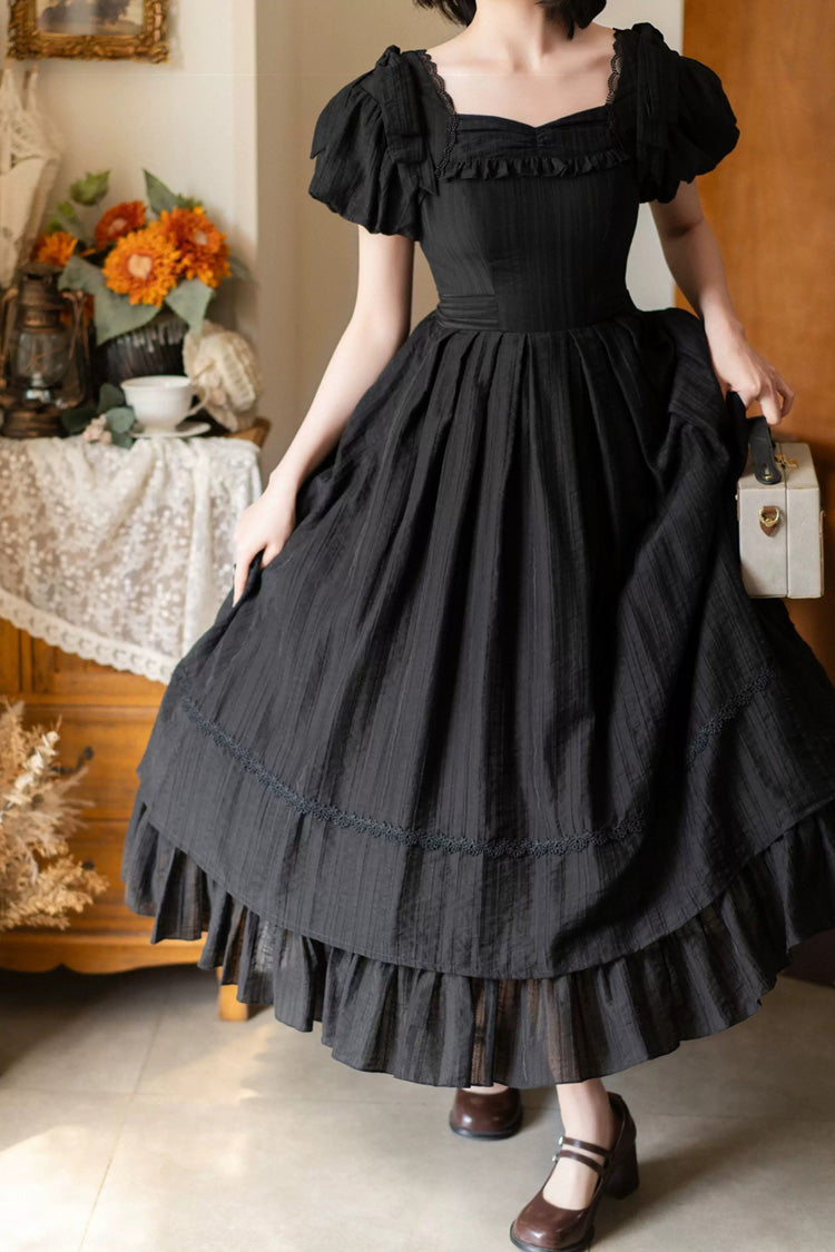 Ebony Square-Collar Short-Sleeve Bow Vintage Gown - Forest Gallery