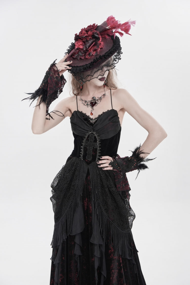 Crimson & Obsidian Sleeveless Multi-Layered Hanayome Lace Lace-Up Gothic Wedding Dress Printed Tassels Slip Dress