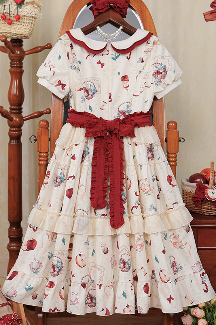 Ivory Apple Tea Print Short-Sleeve Country Ruffle Bow Sweet Lolita Dress Plus Size