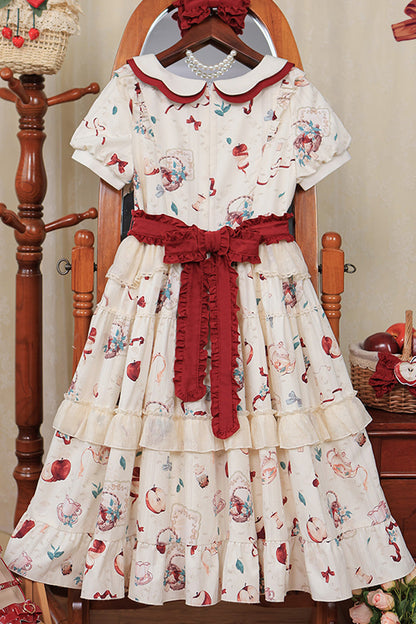 Ivory Apple Tea Print Short-Sleeve Country Ruffle Bow Sweet Lolita Dress