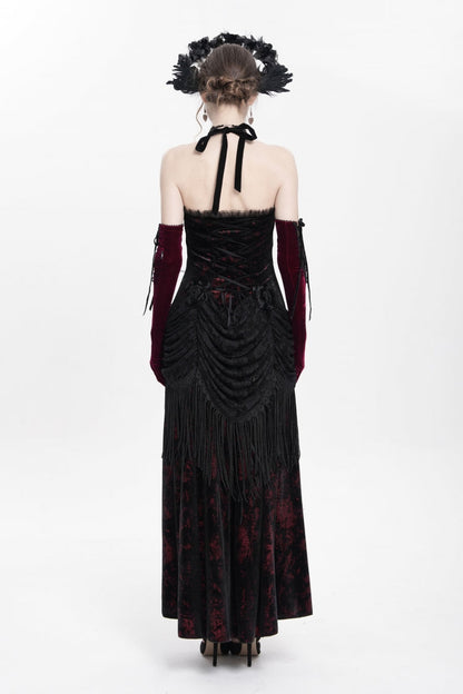 Crimson Gothic Maxi Dress with Floral Embroidery and Lace-Up Pleats