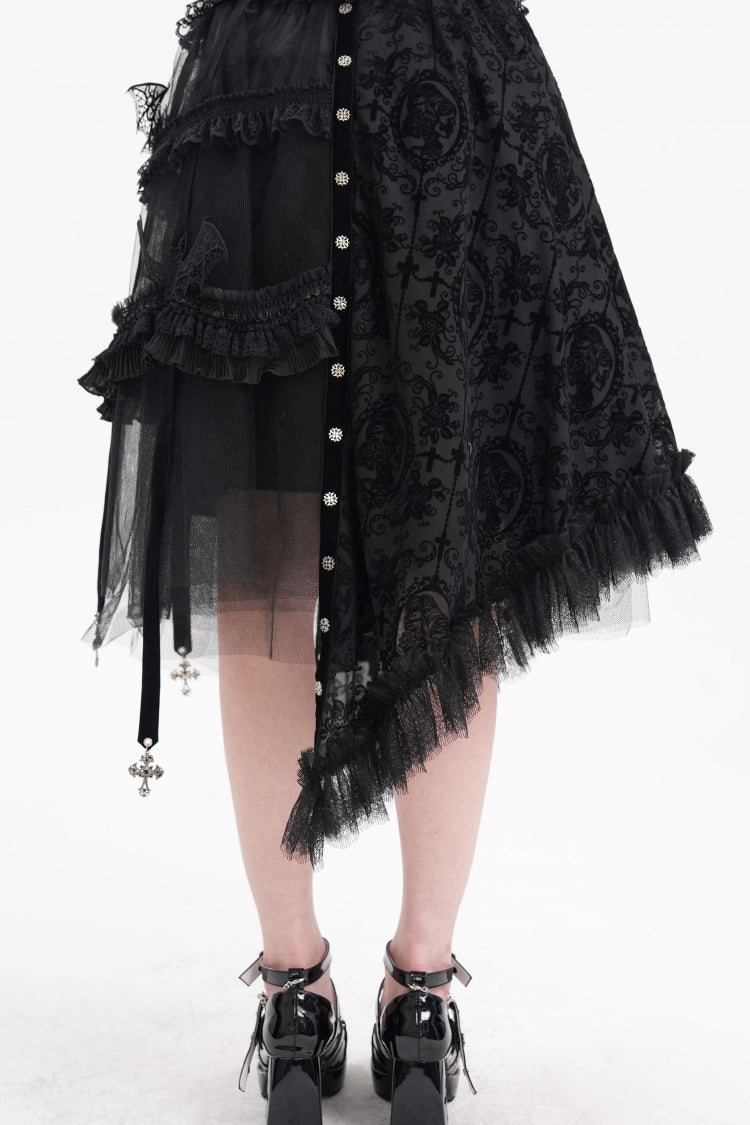 Gothic Luxurious Asymmetric Pleated Skirt with Black Jacquard Cut-Out Lace