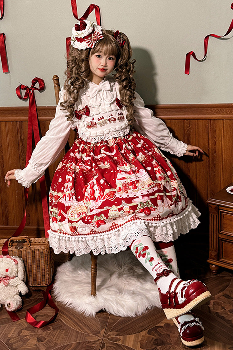 High Waisted Ruffle Bowknot Sweet Lolita JSK Dress with Strawberry Dessert Print - 4 Colors