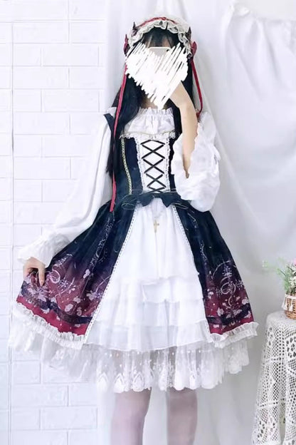 Crimson & Obsidian Sleeveless Gradient Print Ruffle Cardigan Bowknot Lace-Up Sweet Elegant Lolita Jsk Dress