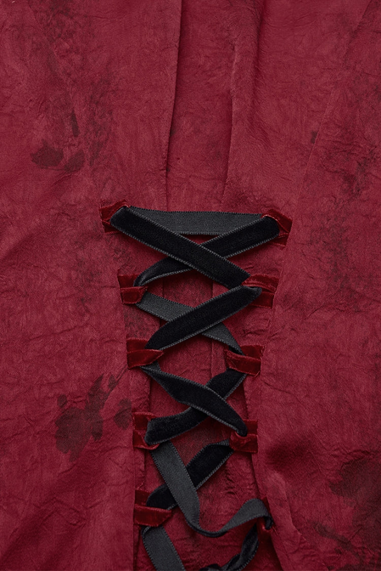Crimson High-Neck Gothic Ruffled Blouse with Puffed Sleeves and Lace
