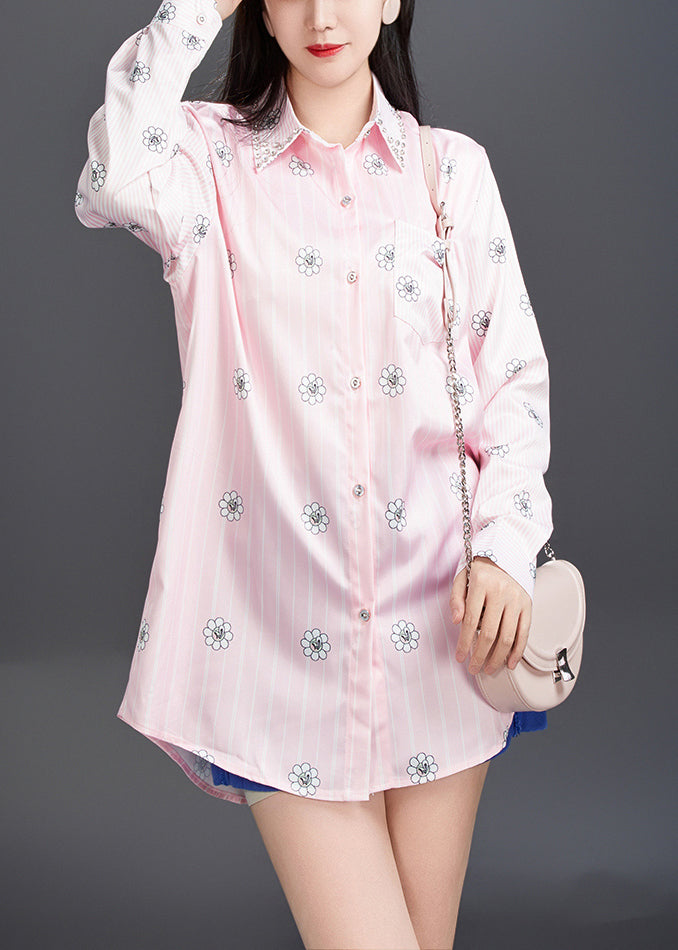 Art Pink Peter Pan Collar Print Cotton Shirt Fall AJ1006