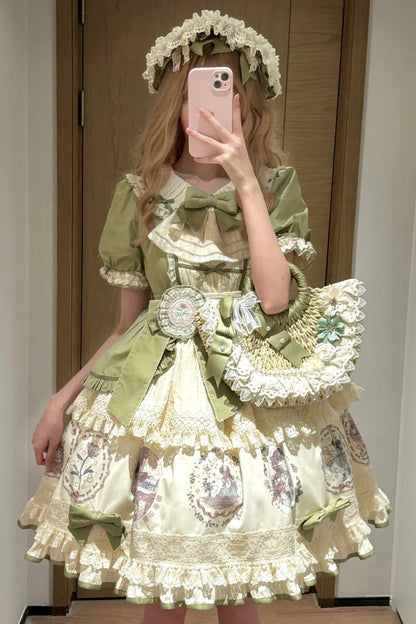 Emerald Ida's Flowers Short-Sleeve Ruffled Bowknot Sweet Dress