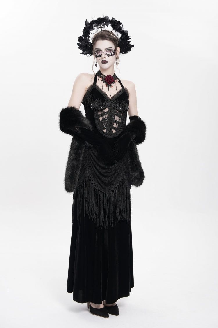 No-Sleeve Floral Lace-Up Pleated Gothic Maxi Gown