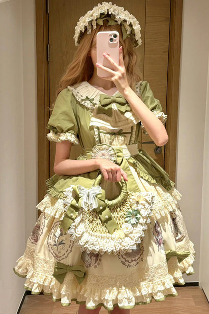 Emerald Ida's Flowers Short-Sleeve Ruffled Bowknot Sweet Dress
