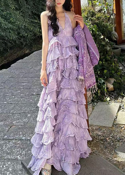 Dresses Maxi Sexy Neck Sleeveless Cotton Purple V Backless