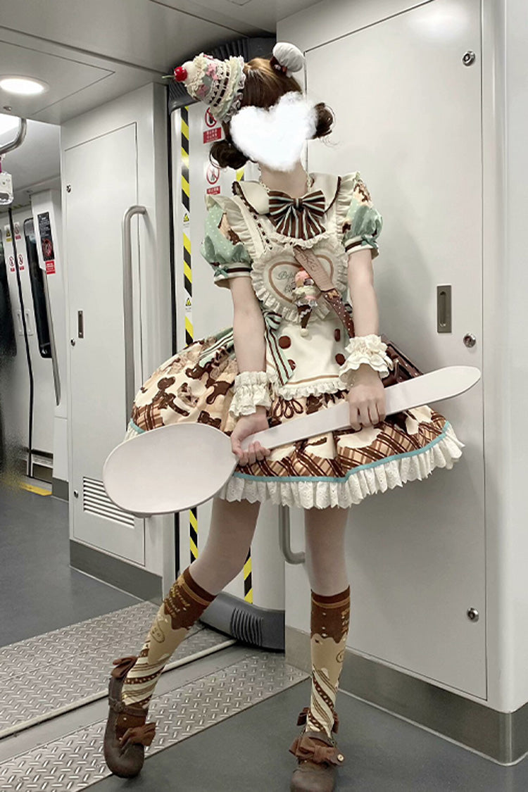 Peppermint Chocolate Cake Bear Print Lace-Up Lolita Dress with Bow - Sweet