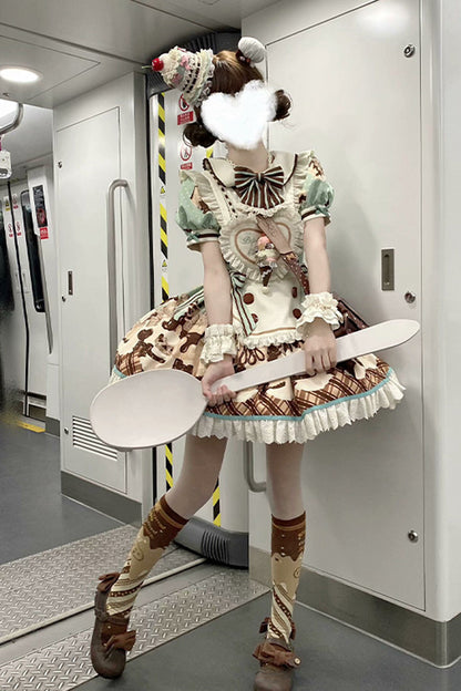 Peppermint Chocolate Cake Bear Print Lace-Up Lolita Dress with Bow - Sweet