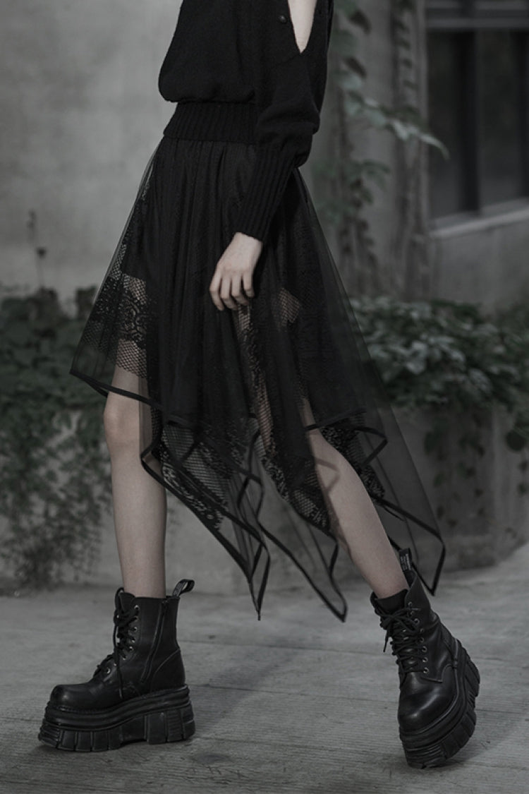 Asymmetric Lace Hem Embroidered Gothic Skirt for Women in Black