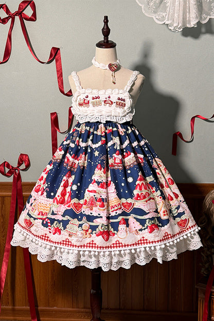 High Waisted Ruffle Bowknot Sweet Lolita JSK Dress with Strawberry Dessert Print - 4 Colors