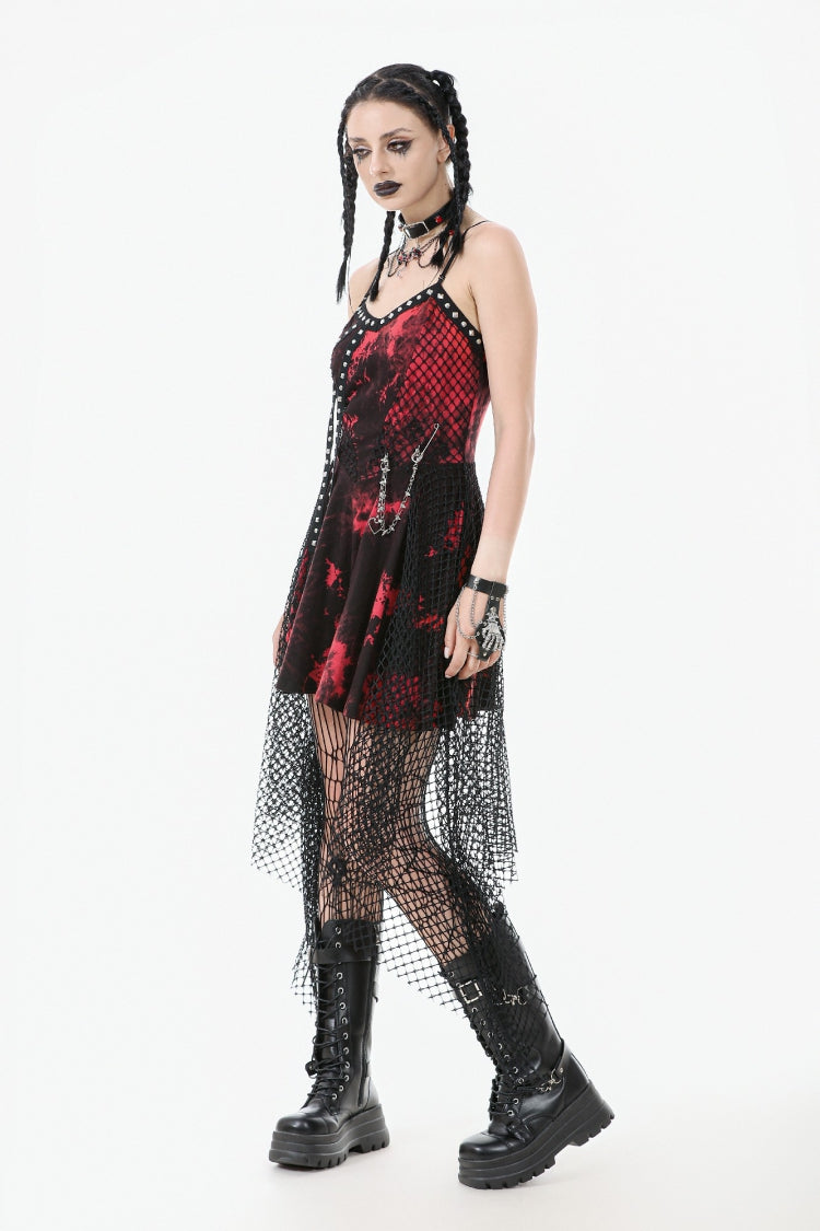 Crimson Punk Slip Dress with Asymmetric Tie-Dye and Mesh Hem